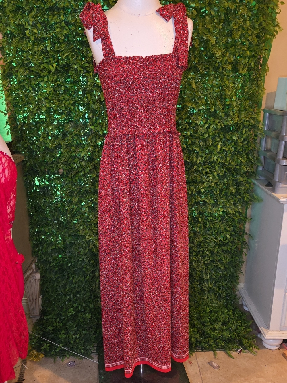 Max Studio Red Speckled Smocked Maxi Dress with Tie Straps